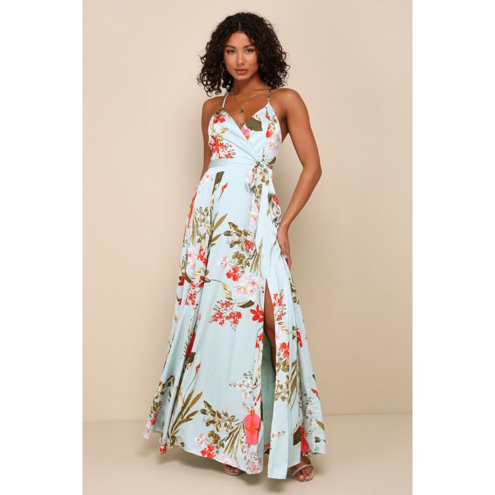 Lulus Dress Womens Large Still The One Maxi Blue Floral Satin Sleeveless